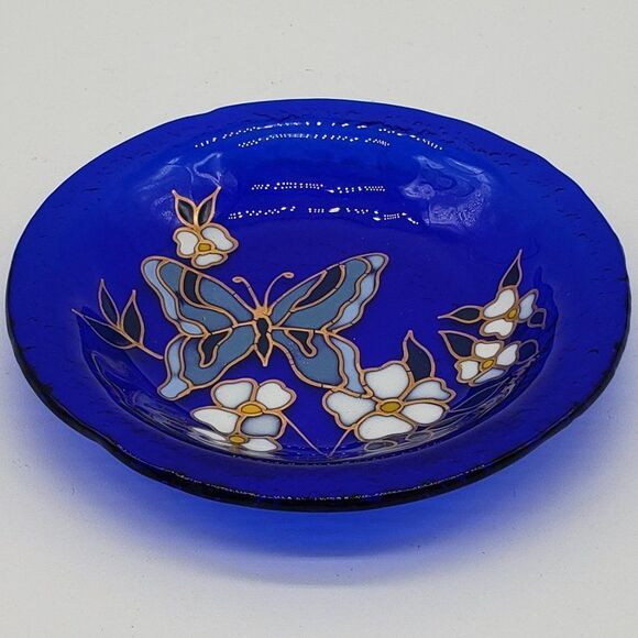 Signed Blue Cobalt Enameled Hand Painted Butterfly Floral Art Glass Trinket Dish - Picture 2 of 9